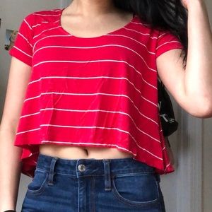 Crop high low red white striped shirt